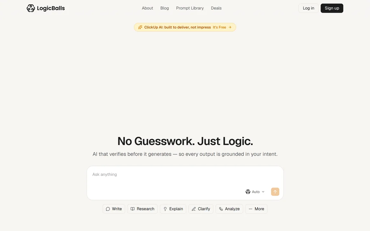 LogicBalls homepage showing the AI writing platform
