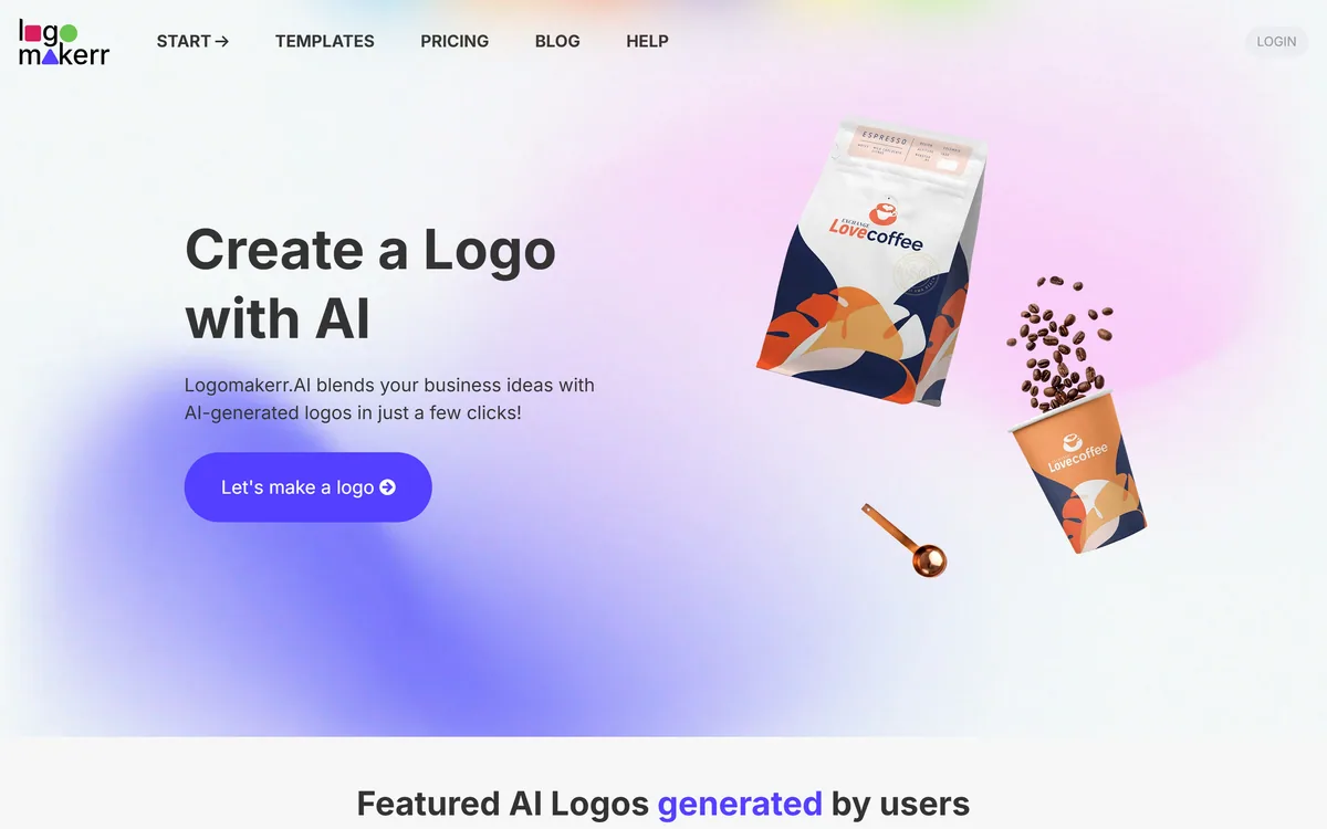 Logomakerr.ai homepage showing the AI logo maker and brand kit