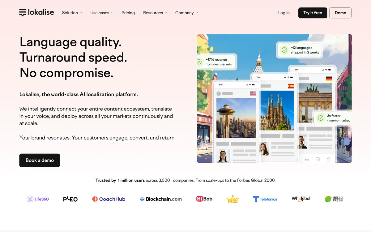 Lokalise homepage presenting its AI localisation platform for apps, games and digital content