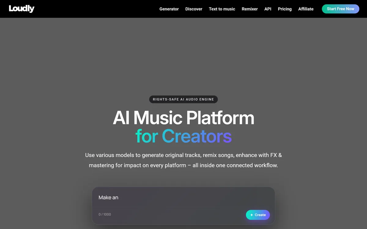 Loudly homepage showing the AI music platform