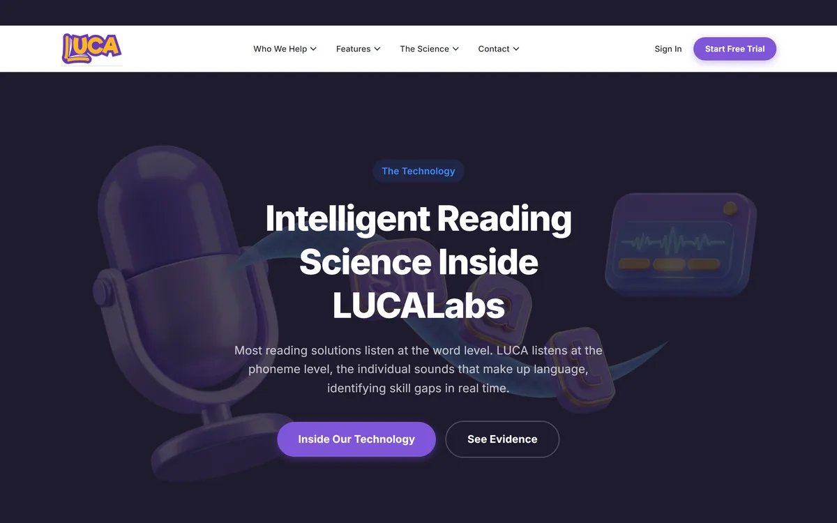 LUCA homepage showing the reading intervention platform