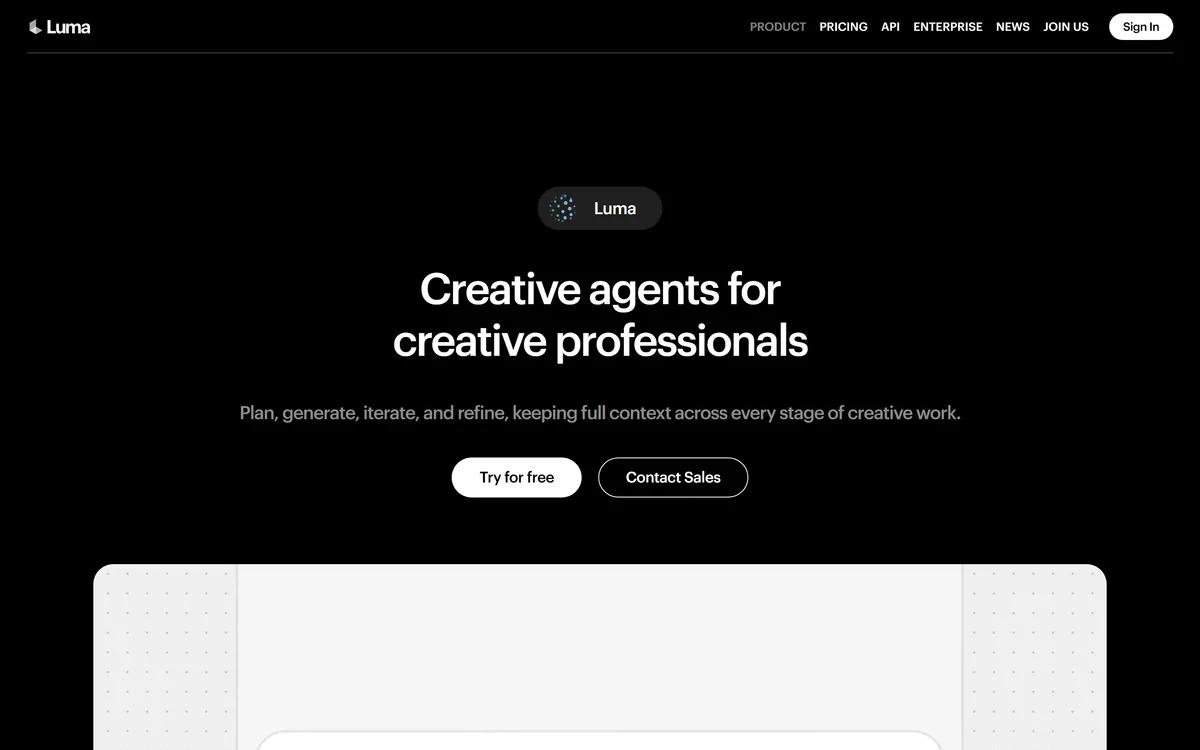 The Luma site reached from the Dream Machine address, headlined "Creative agents for creative professionals"