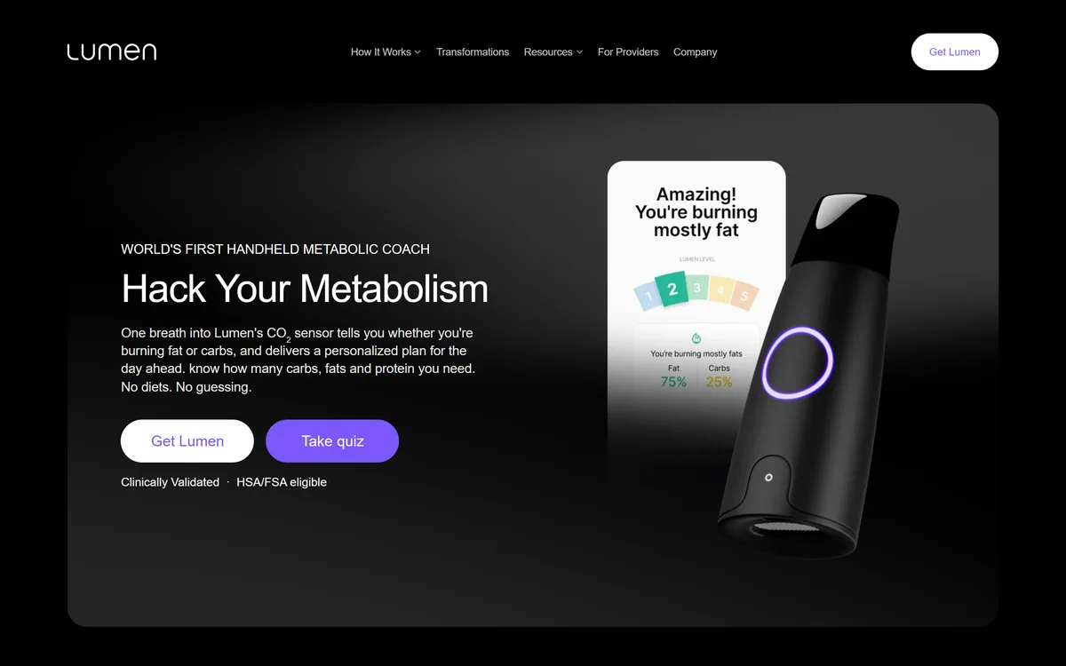 Lumen homepage showing the handheld metabolic breath device