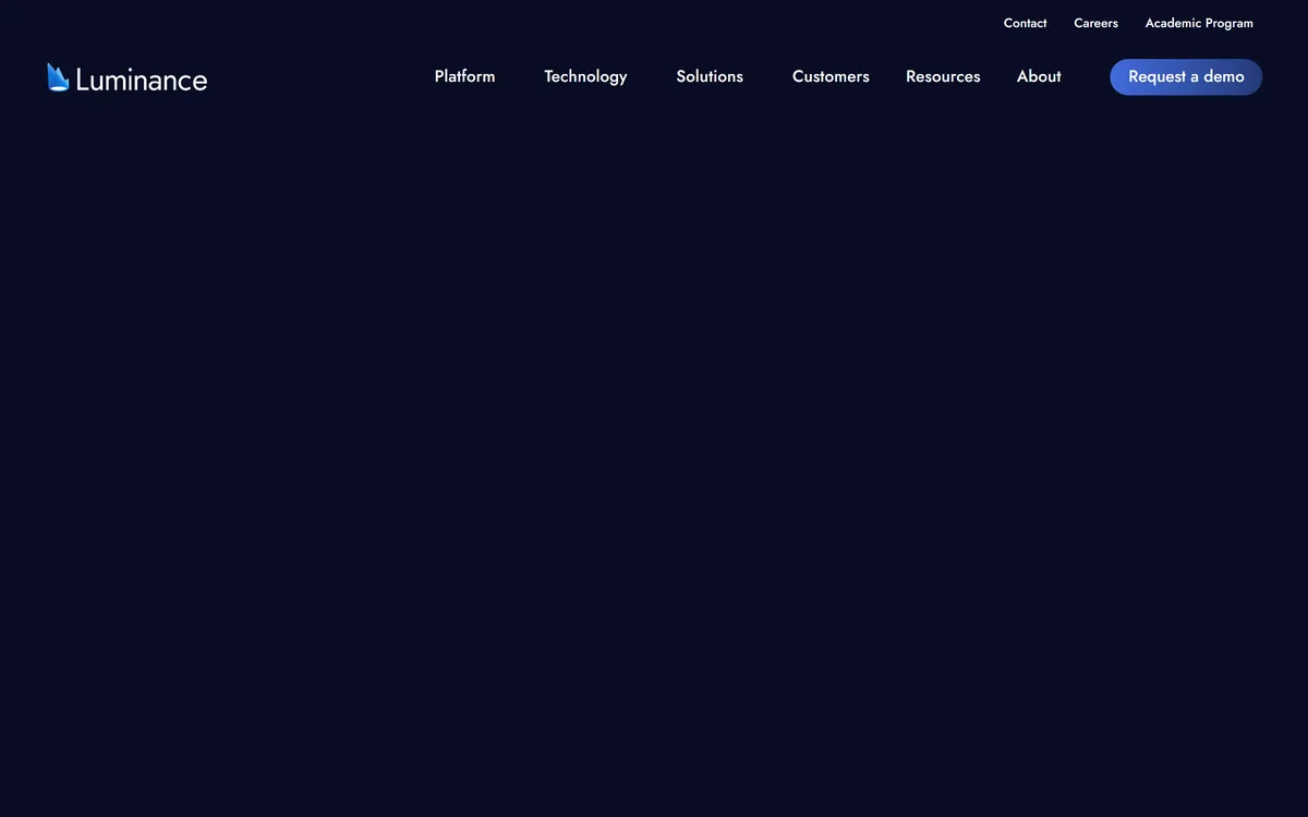 Luminance homepage header showing the Legal-Grade AI platform navigation