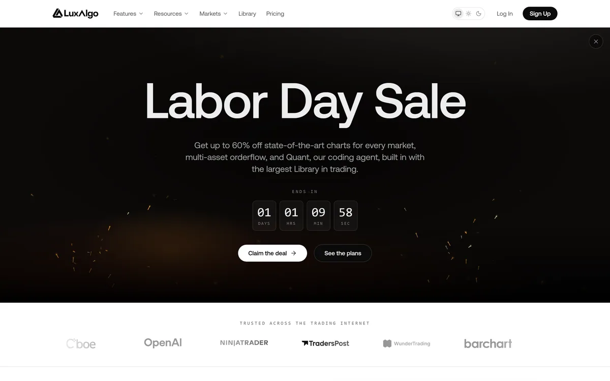 LuxAlgo homepage showing the trading and charting platform