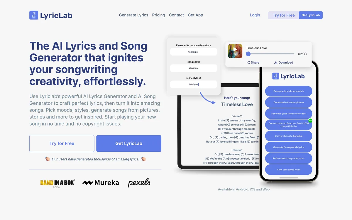 LyricLab homepage showing the AI lyrics and song generator