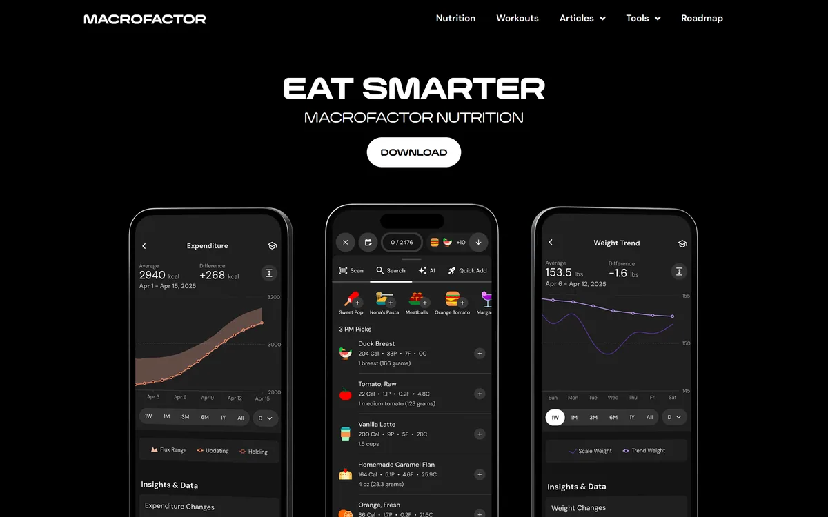 MacroFactor homepage showing the nutrition and workout apps