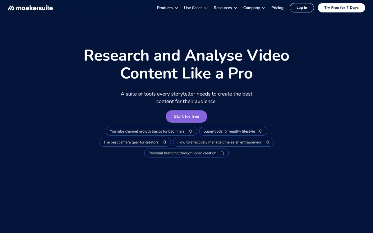 Maekersuite homepage showing the video research and scripting suite