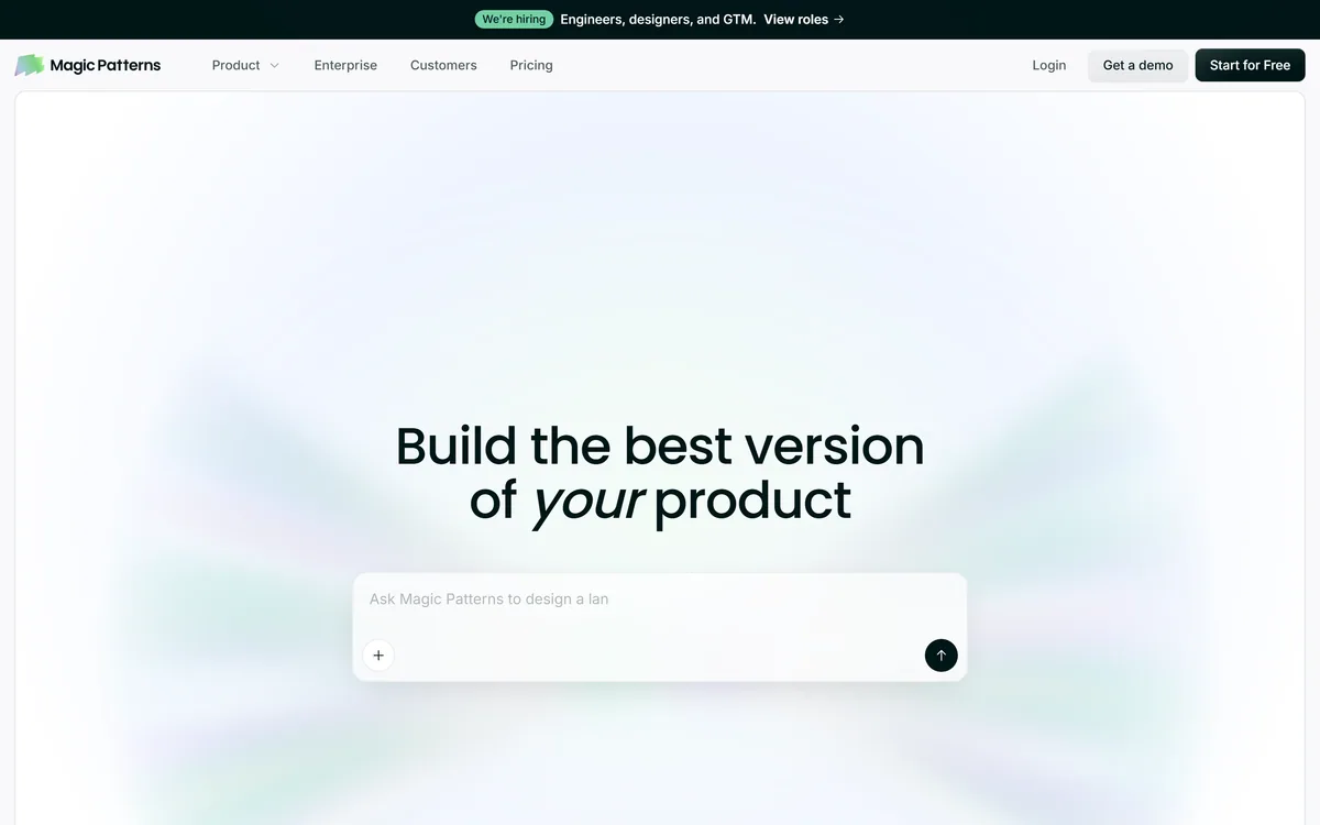 The Magic Patterns homepage showing AI-generated high-fidelity UI for product teams