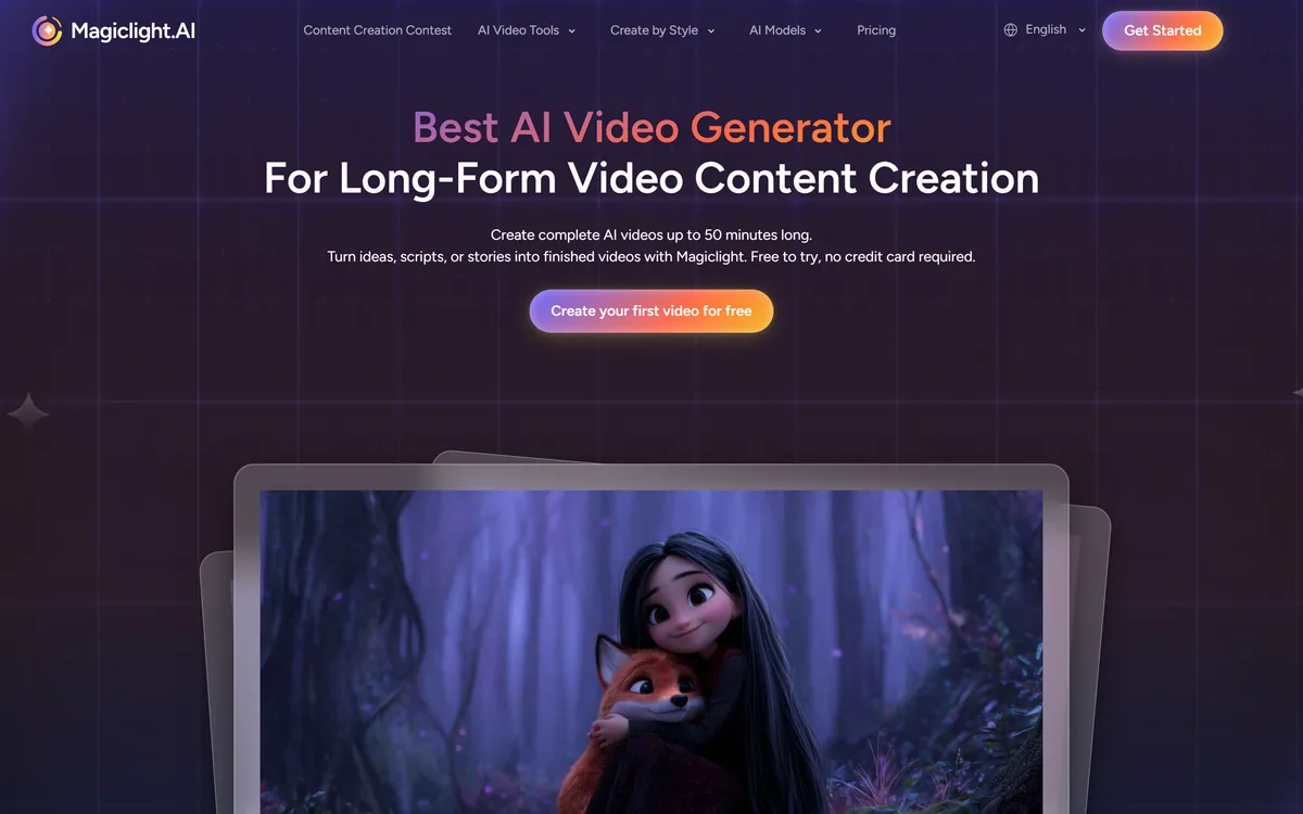 MagicLight AI's homepage describing complete AI video generation up to fifty minutes with consistent characters