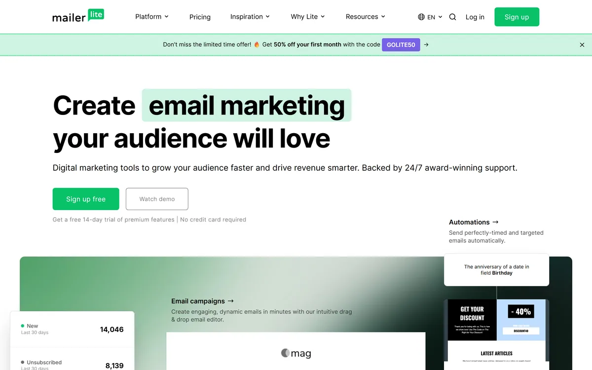 MailerLite homepage showing the email marketing platform