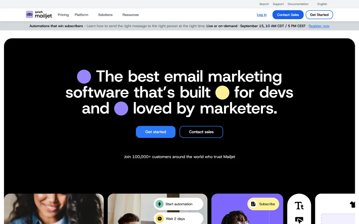 Mailjet's homepage describing an email platform for marketing campaigns and transactional sending