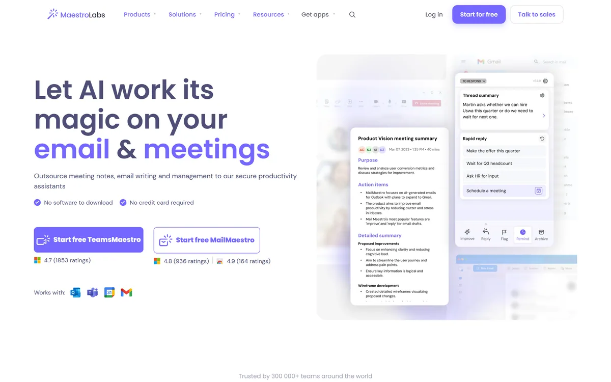 The Maestro Labs homepage presenting MailMaestro, an AI email assistant for Outlook and Gmail