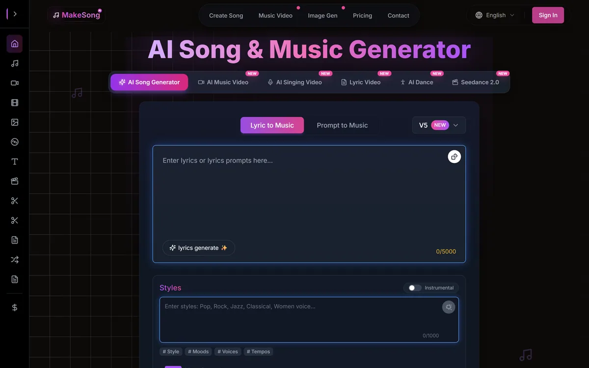 MakeSong homepage showing AI song generation from text prompts with genre and vocal options