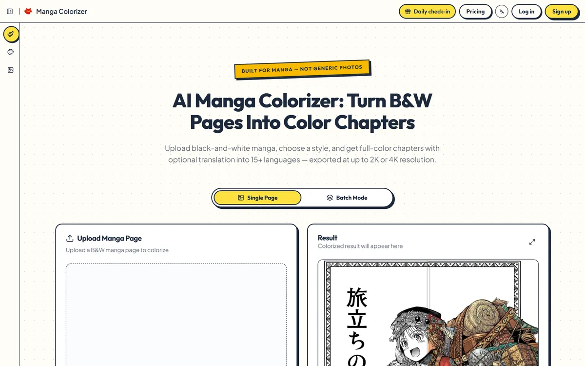 Manga Colorizer's homepage showing AI colourisation of black-and-white manga pages into full colour chapters