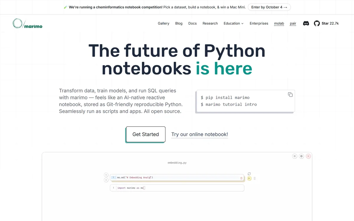marimo homepage headed The future of Python notebooks is here, with pip install marimo shown