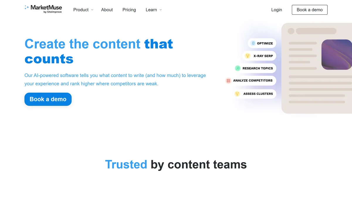 MarketMuse homepage showing the content planning and topic modelling platform