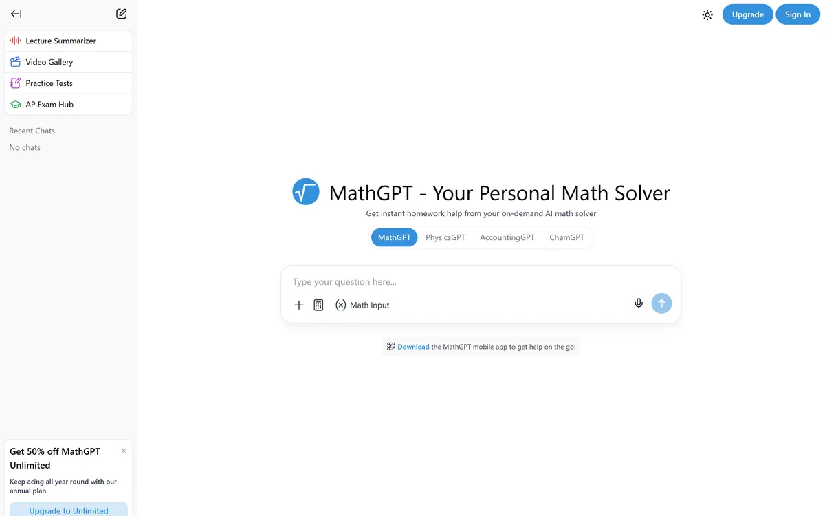 MathGPT homepage showing the AI maths solver interface