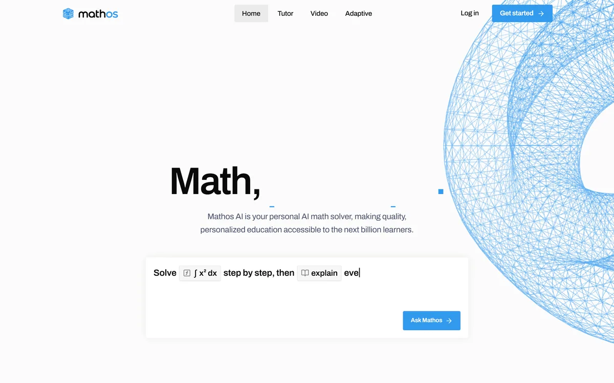 Mathos AI's homepage showing an AI maths solver with step-by-step explanations