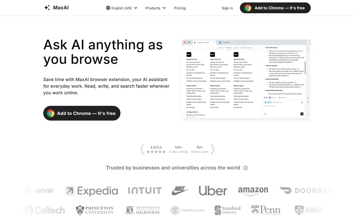 The MaxAI homepage describing a browser AI assistant sidebar