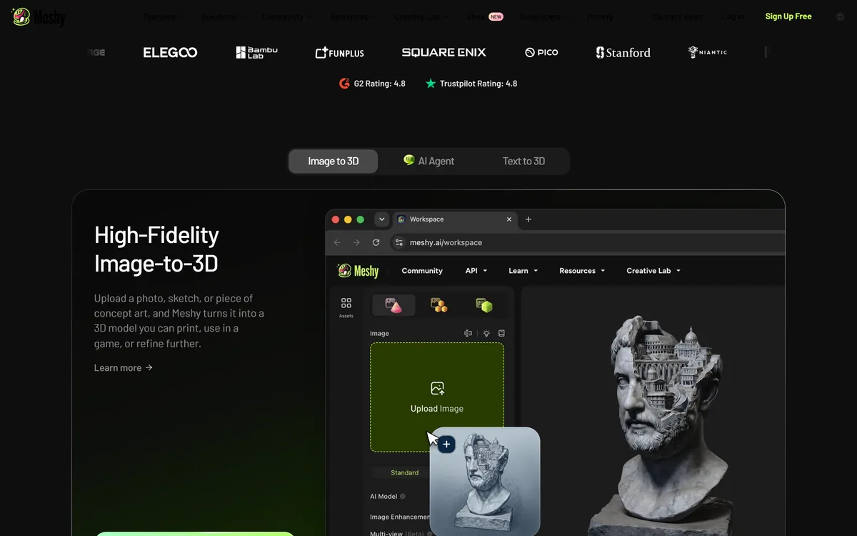 The Meshy homepage describing an AI 3D model generator from text and images