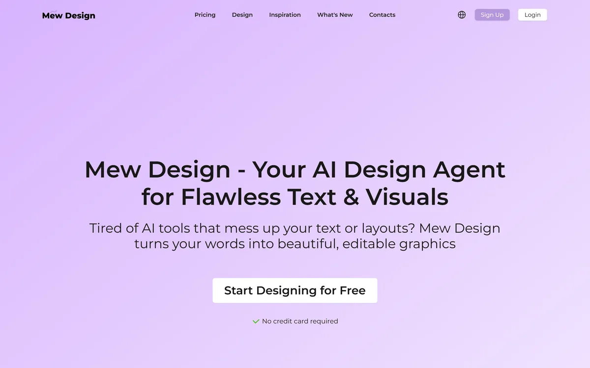 Mew Design's homepage reading "Your AI Design Agent for Flawless Text & Visuals", with the line "Tired of AI tools that mess up your text or layouts?"