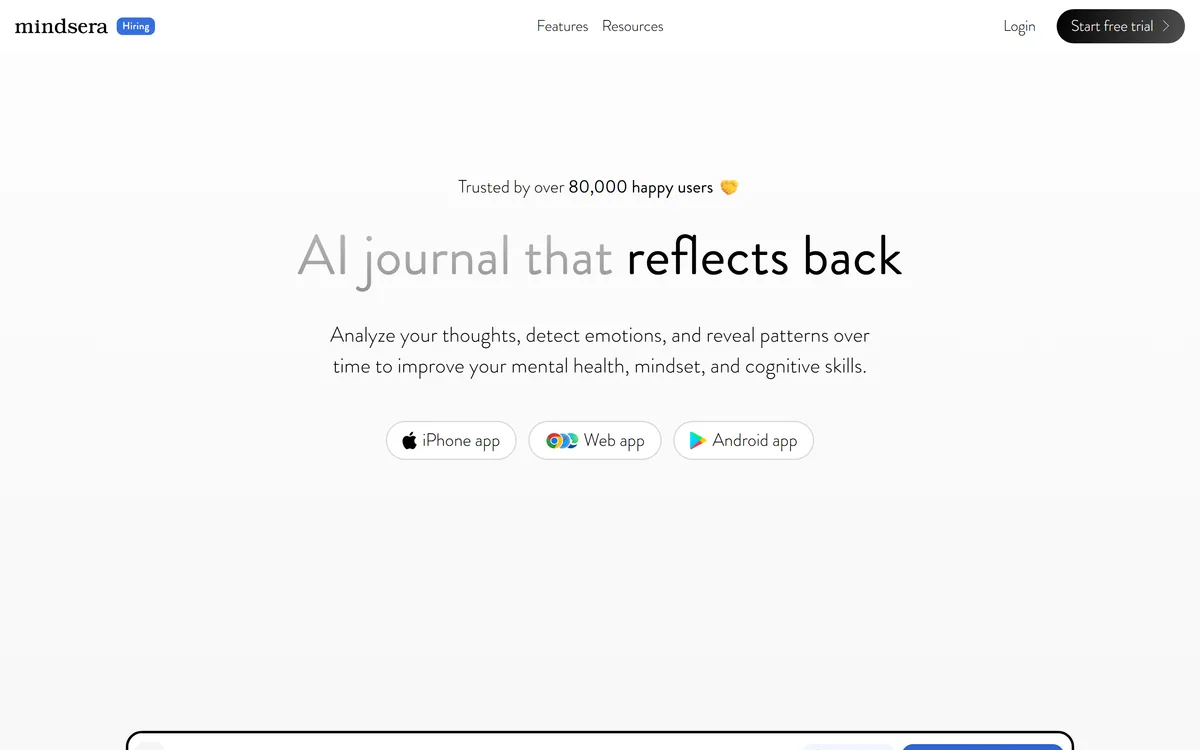 Mindsera homepage headed AI journal that reflects back, with iPhone, web and Android app links
