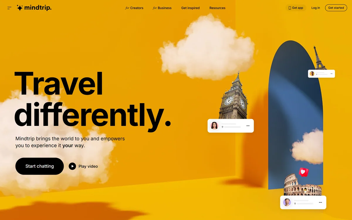 Mindtrip homepage showing AI travel planning with itineraries, maps and destination recommendations