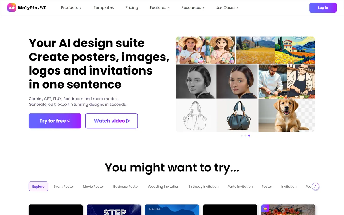 MolyPix.AI homepage showing the AI graphic design suite