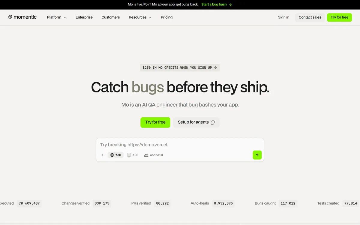 The Momentic homepage describing an AI testing platform