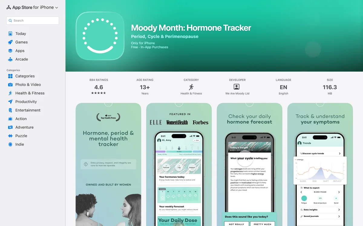 The Moody Month App Store listing describing a hormone and cycle tracker