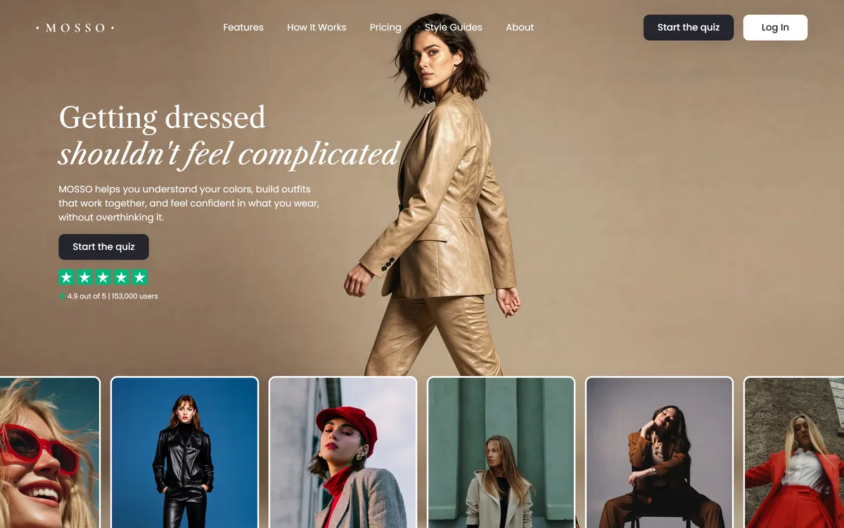 Mosso homepage showing the personal styling app and its colour analysis quiz