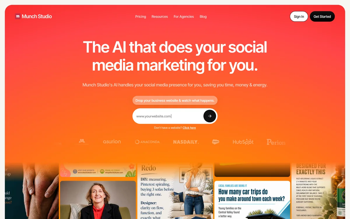Munch Studio's homepage describing AI that handles social media marketing, showing generated posts