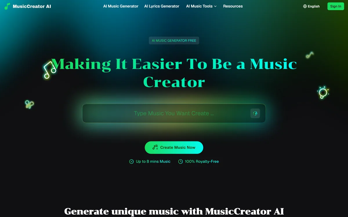 MusicCreator AI homepage showing the free AI music generator