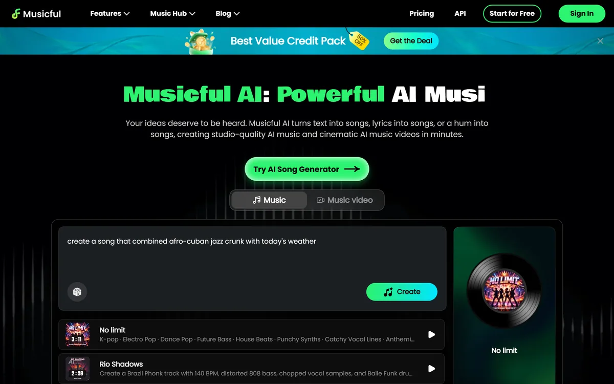 The Musicful homepage describing an AI music and music video generator