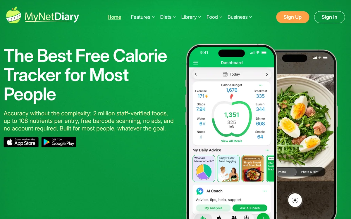 MyNetDiary homepage showing calorie and nutrition tracking with AI photo logging and barcode scanning