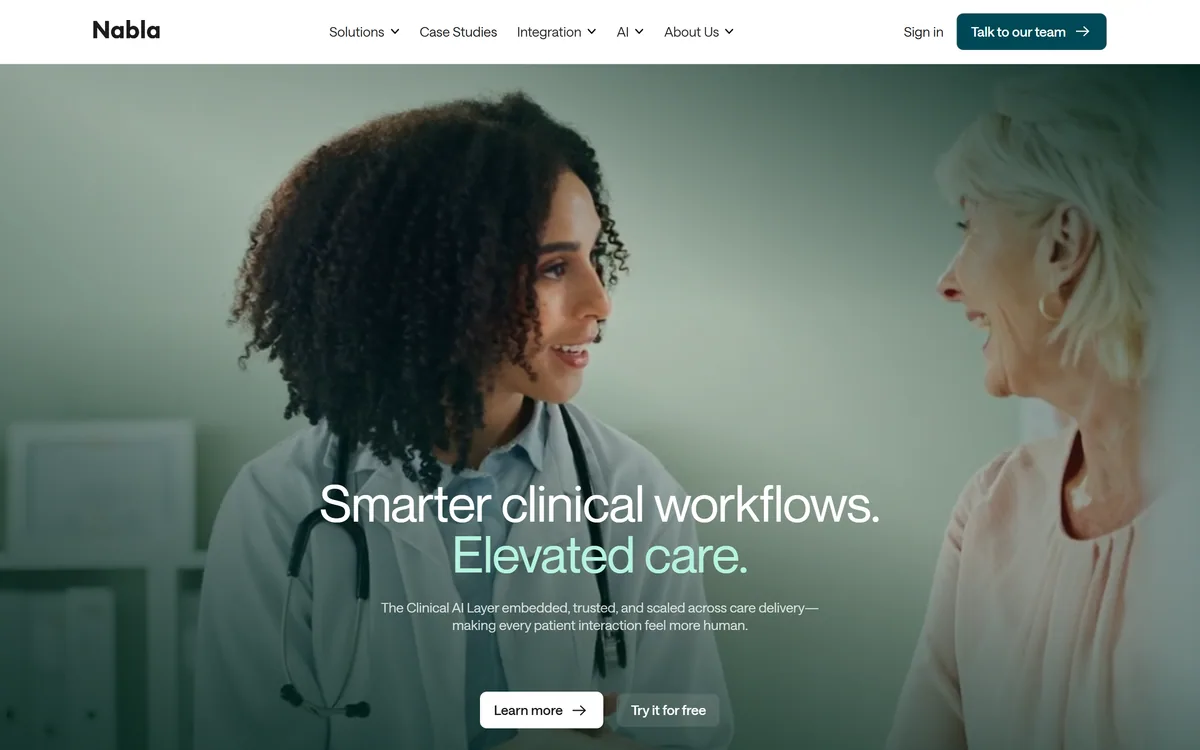 Nabla homepage showing the ambient clinical AI platform for documentation
