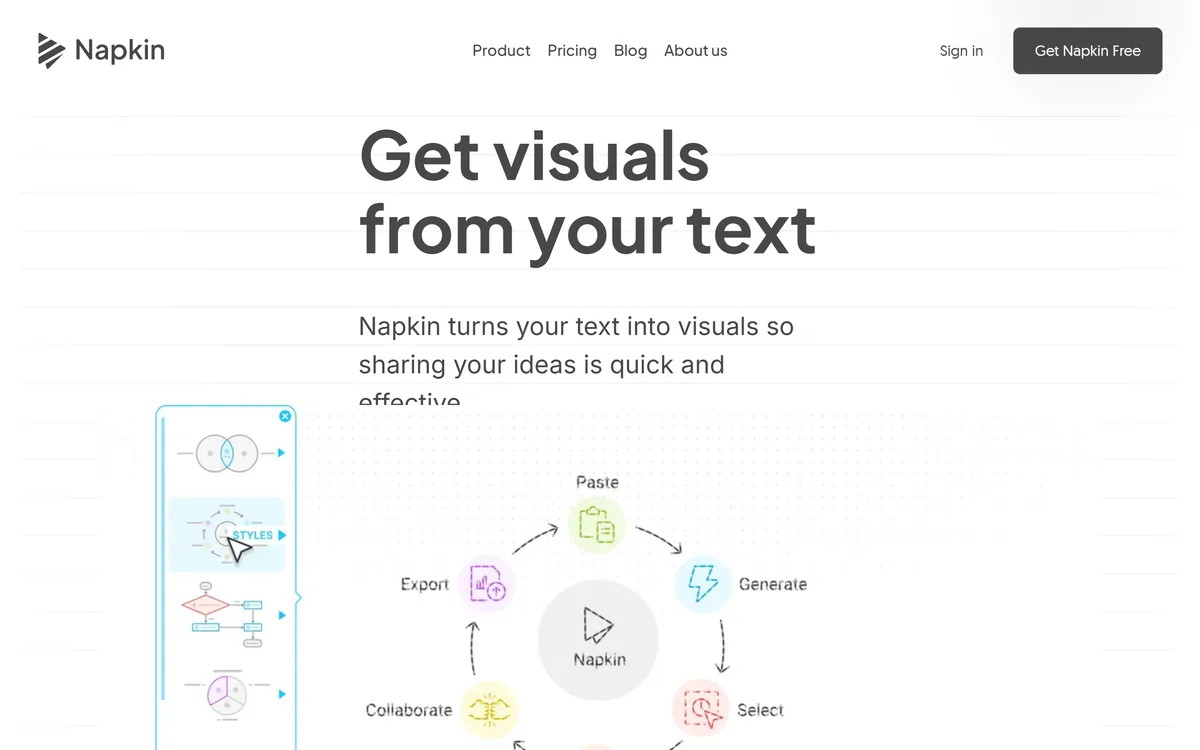 Napkin AI homepage showing the text-to-visual generation platform