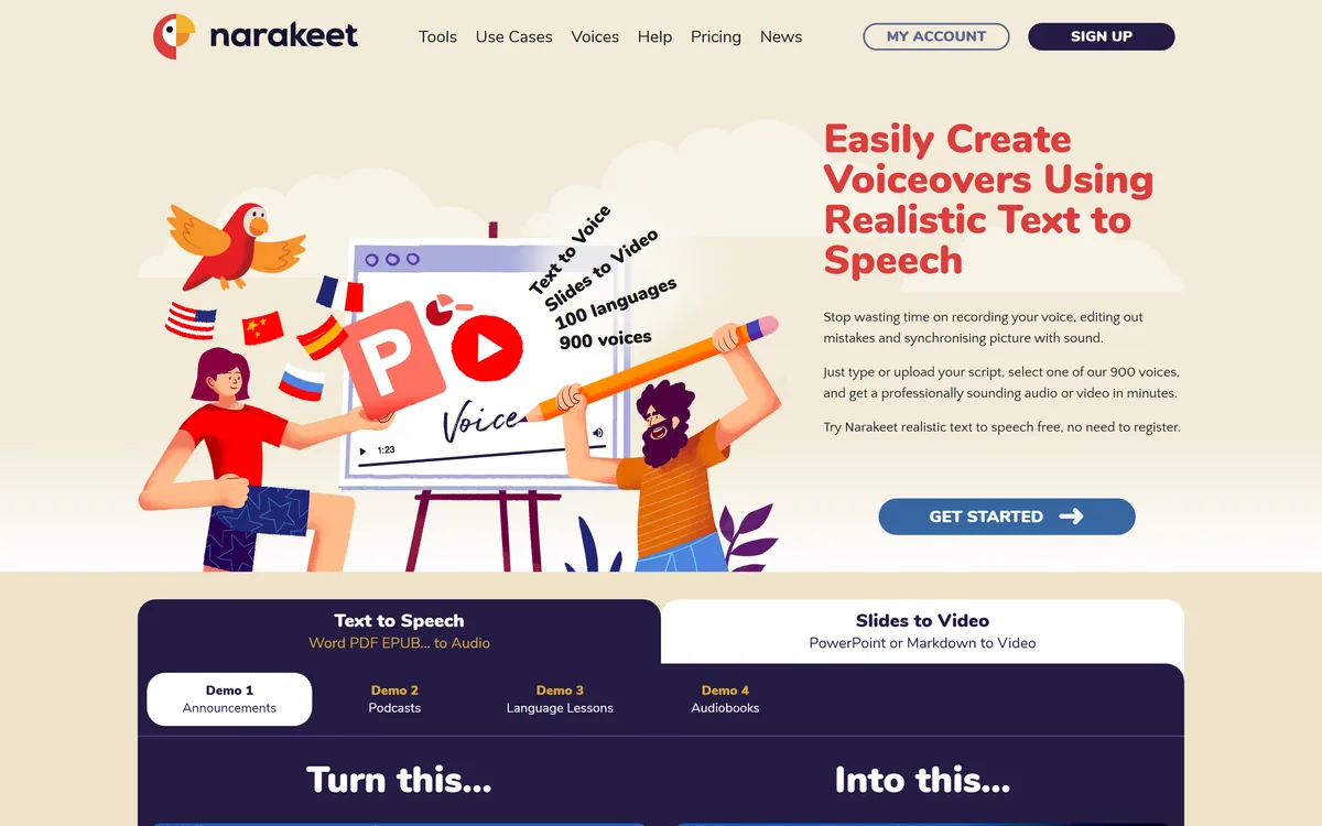 Narakeet homepage showing the text-to-speech and video creation tools