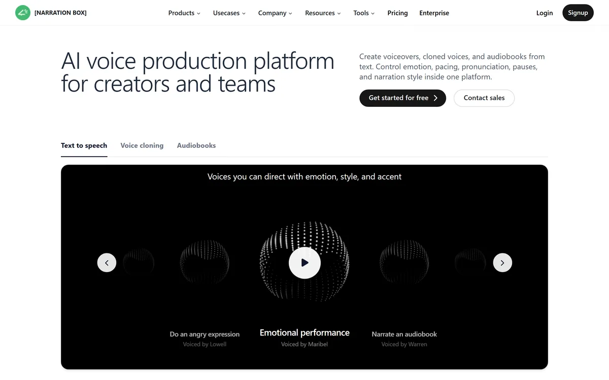Narration Box homepage showing the AI voice production platform