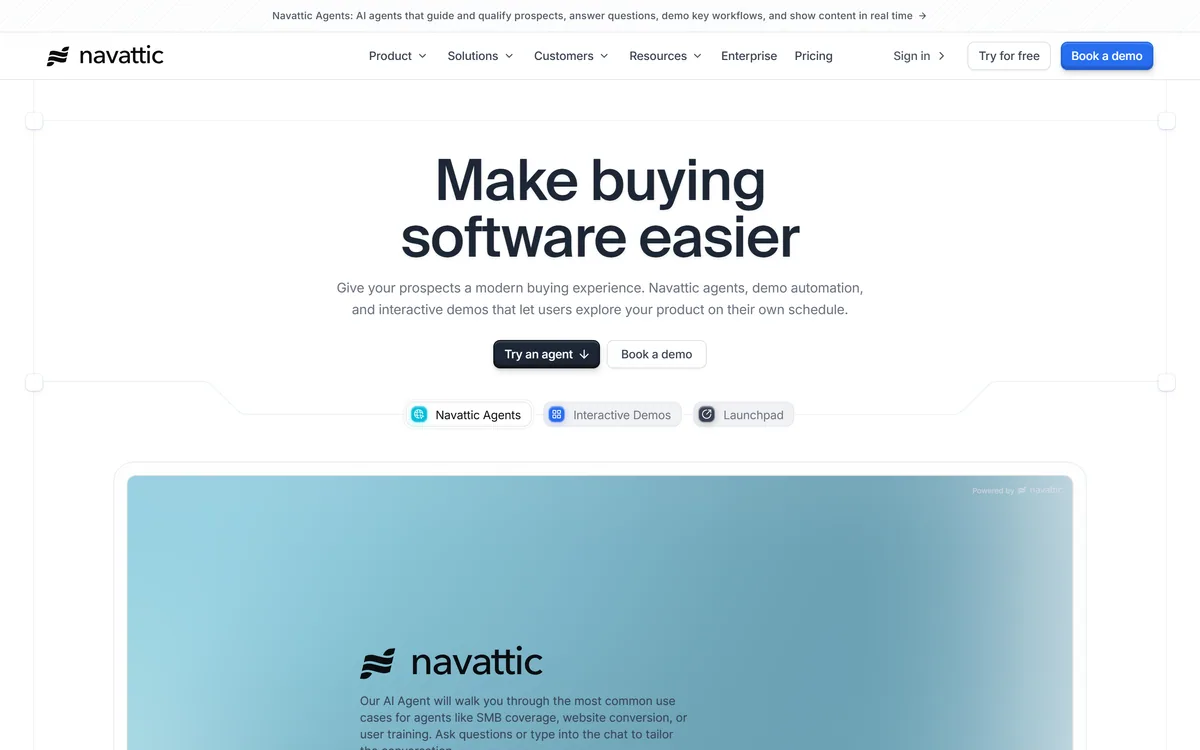 Navattic homepage showing the interactive product demo platform