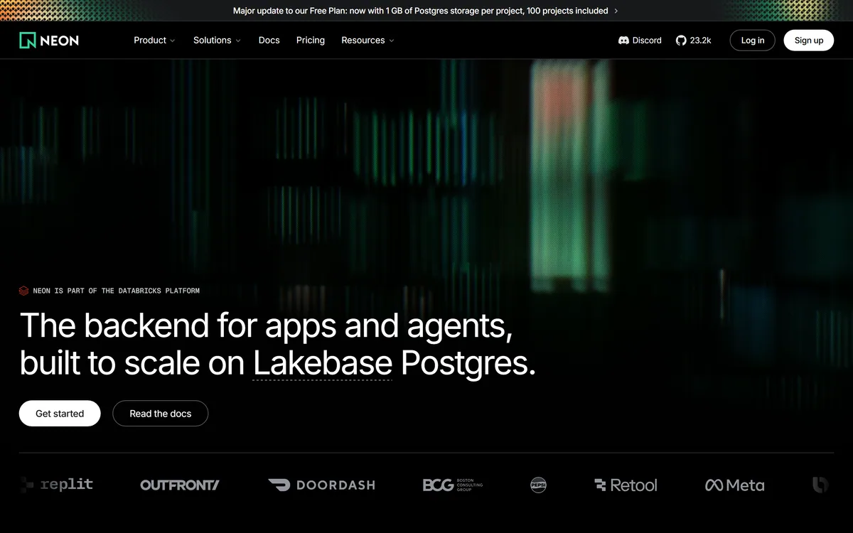 The Neon homepage describing Postgres backends for apps and agents