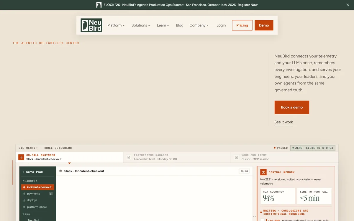 The NeuBird homepage describing an agentic reliability center