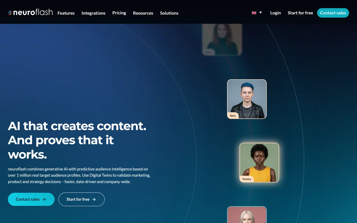 neuroflash's homepage describing an audience intelligence and AI content platform with Digital Twins