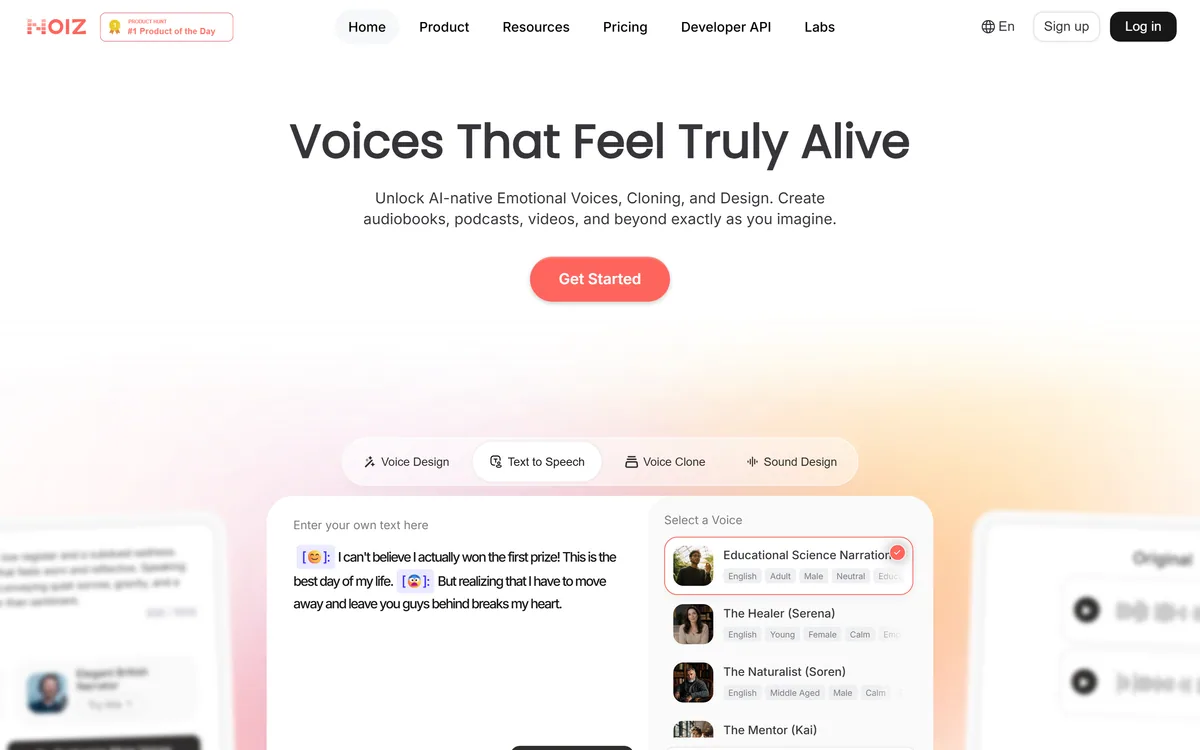 Noiz AI homepage showing the text to speech and voice design platform