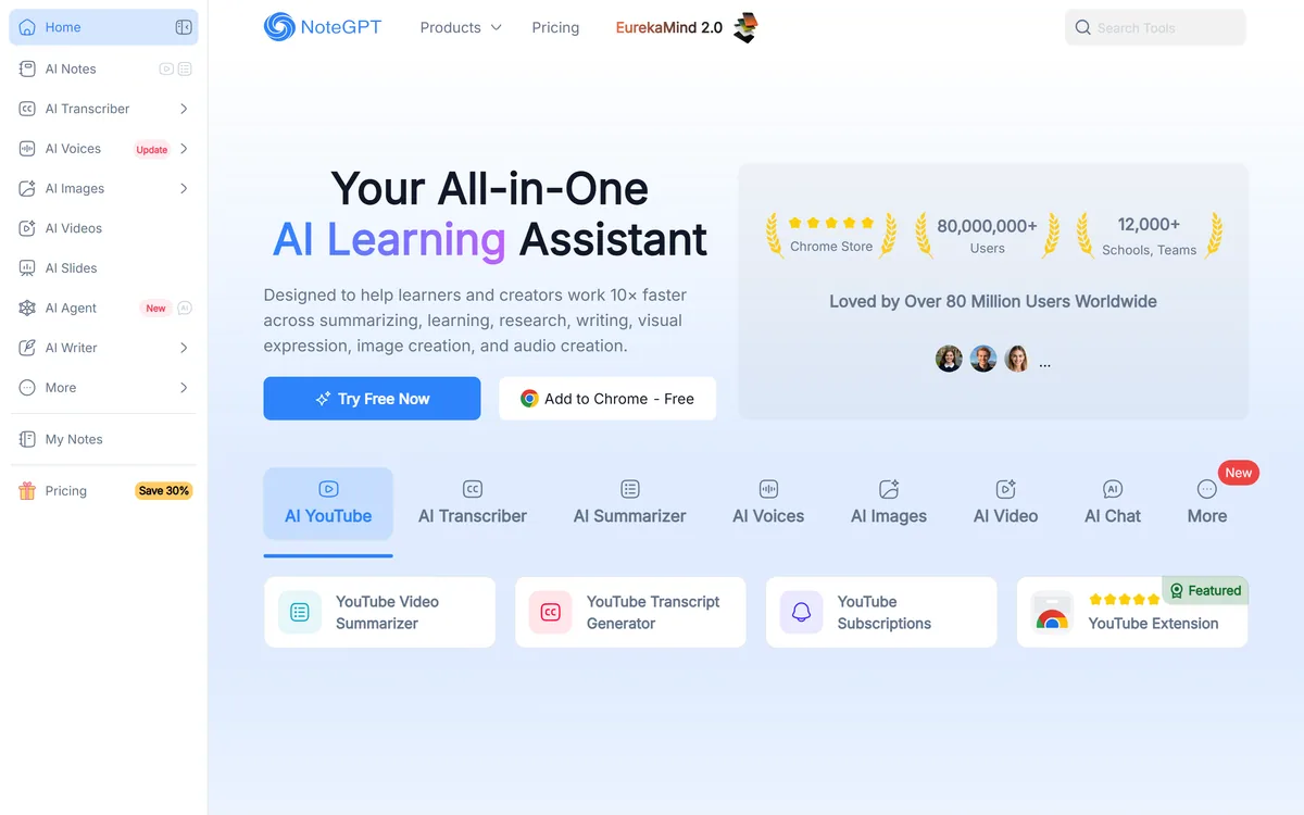 NoteGPT homepage showing the AI learning assistant and its tool categories