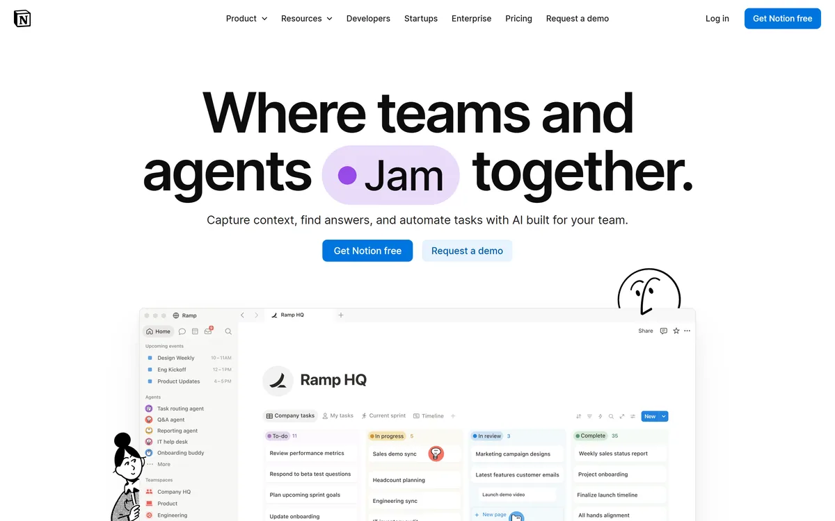 Notion homepage presenting Notion as the AI workspace, with entry points for docs, projects, and knowledge management