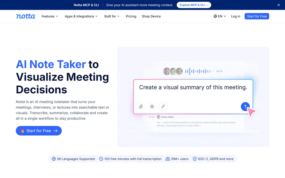 The Notta homepage describing an AI note taker and meeting transcription tool
