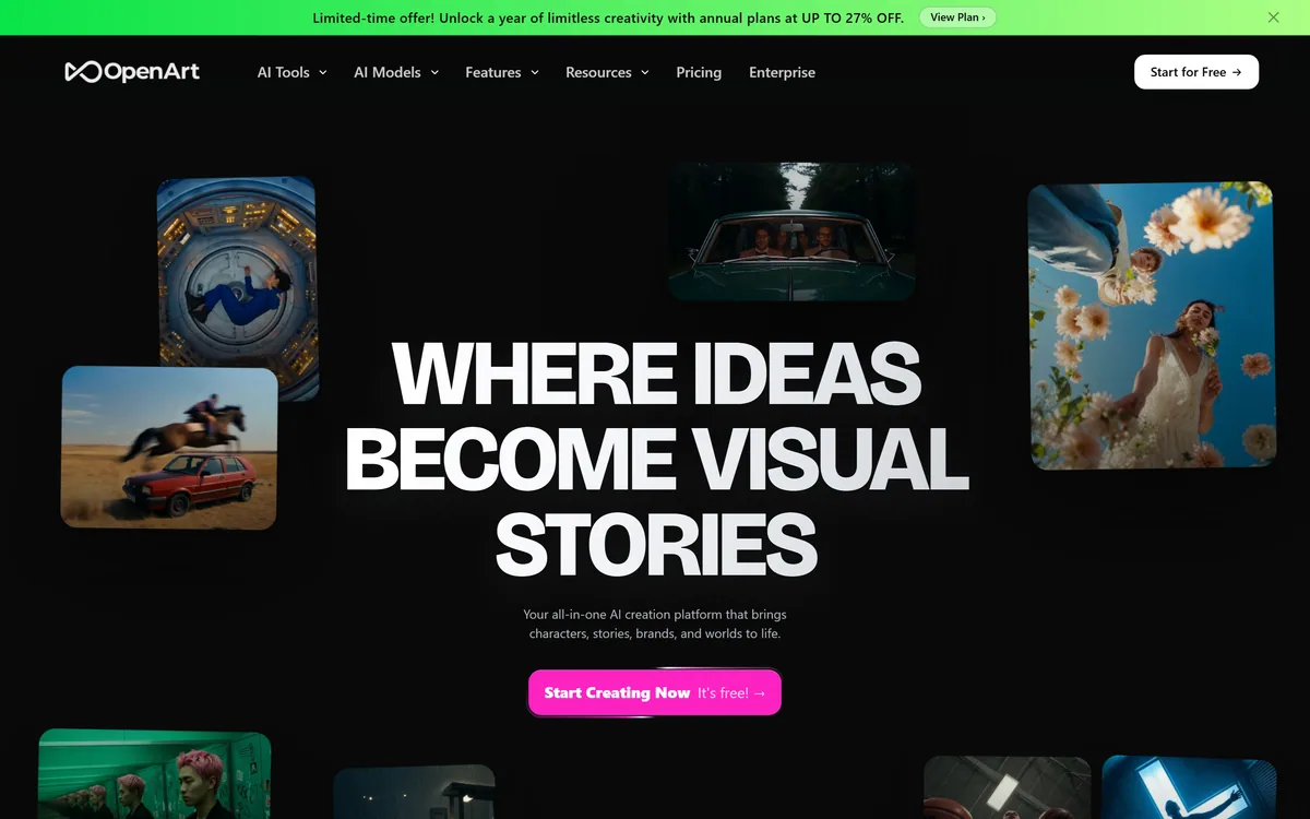 OpenArt homepage showing the AI image, video and audio creation platform
