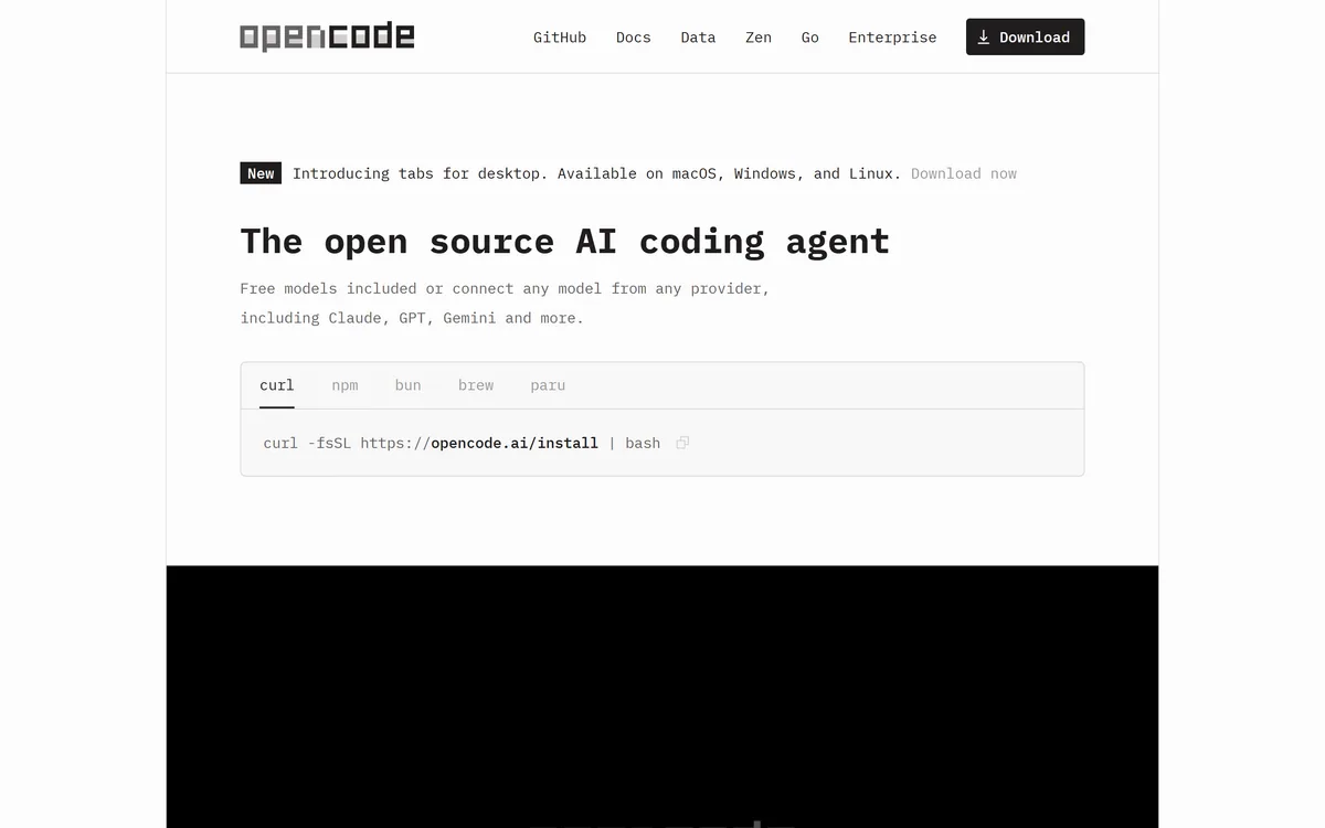 OpenCode's homepage describing an open source AI coding agent built for the terminal
